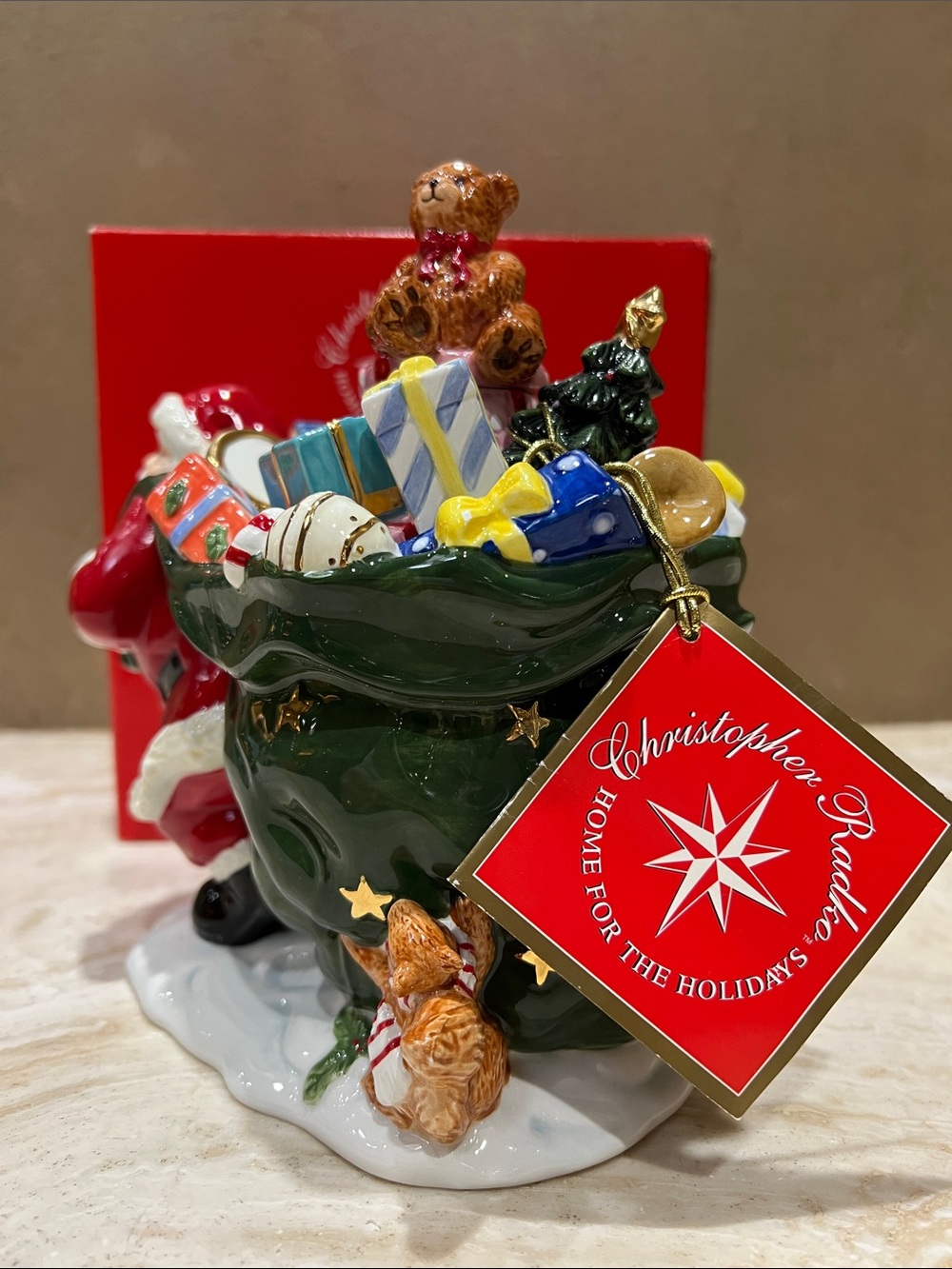 Christopher Radko Red, Green & Gold Santa with Gift Sack Candleholder - Picture 3 of 14